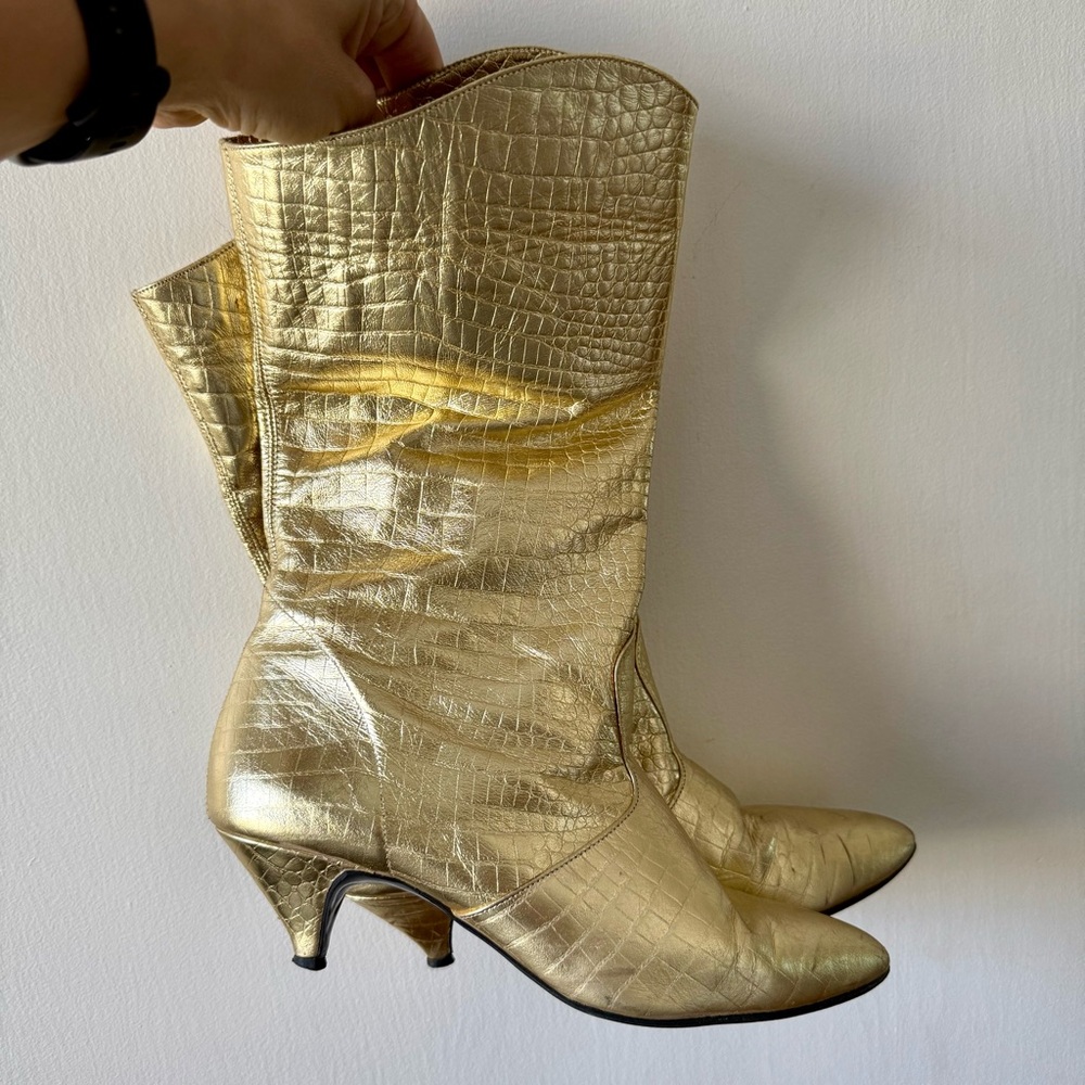 Vintage Gold Croc-Embossed Leather Women's Boots